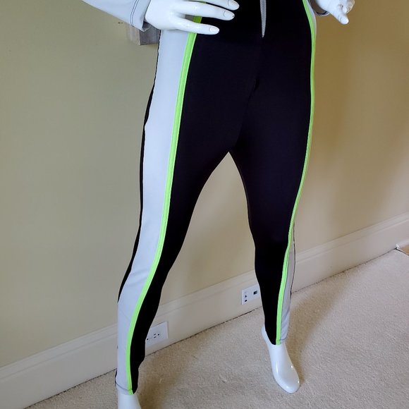 INC Bodycon Sexy Long Sleeve Neon Green Striped Color Block Zipper Jumpsuit SZ L - Picture 7 of 11